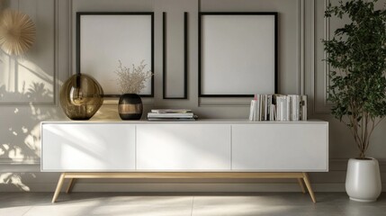 Modern white sideboard with framed artwork, plants, and decor.
