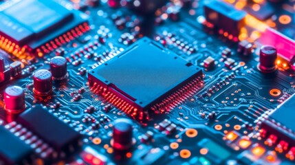 Fototapeta premium Innovative Chip Design in Vibrant Tech Workshop