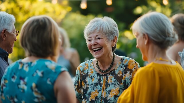 Senior women laughing and socializing outdoors at a garden party.