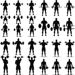Gym Lifting Silhouette Vector, Fitness Exercise Icon, gym men silhouettes, Bodybuilder fitness and gym silhouettes set, large pack of vector silhouette design, isolated white background