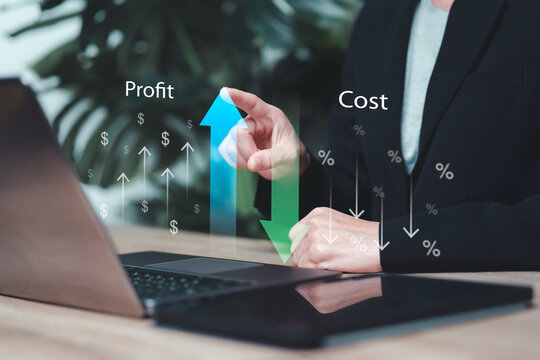 Cost and profit management concept, Businesswomen cost planning of the company, Profit up, Maximize profits and financial, Quality control, Decreasing expense, Long-term investment, Money interest