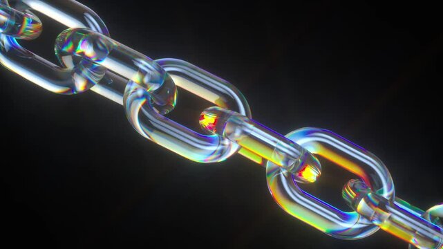 
3d glass chain with transparent links rotating on black background, with iridescent reflections. Concept of fragility and weakness