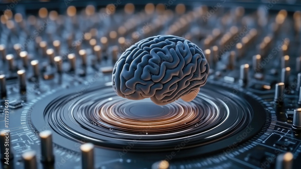 Poster a hyper-realistic digital brain illuminated by glowing lights on a circuit board, representing advan