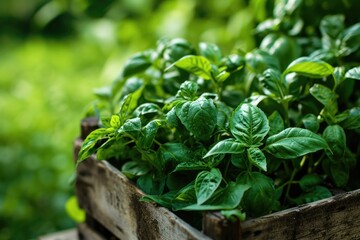 Urban Herb Garden: Fresh Basil Thriving in Crate. Natural Greenery and Healthy Plant Cultivation for Seasonal Cookery and Gardening