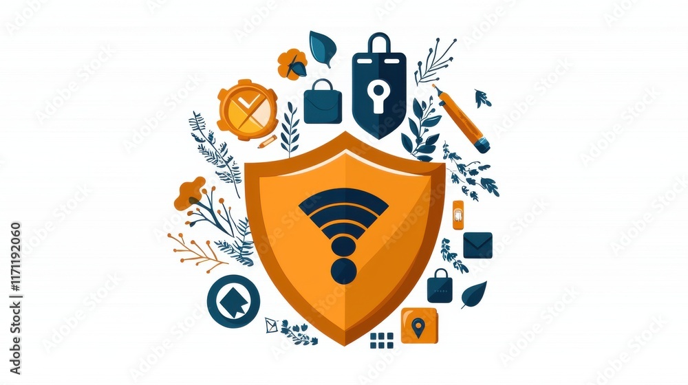 Aufkleber digital shield protecting wireless network and data security icon