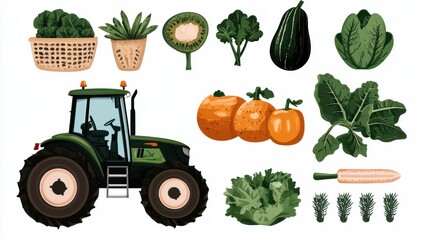 Assortment of Fresh Organic Vegetables and Farming Equipment on Rural Landscape