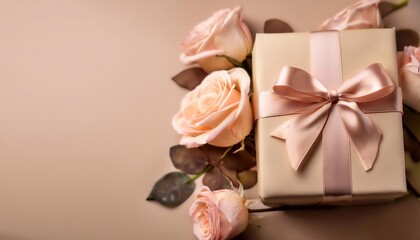 roses and gift box with bow with space for text - birthday card template, march 8, mother's day and february 14