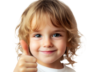 Child with curly hair gives thumbs up gesture