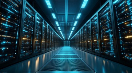 Modern Data Center with Rack Servers and Animated Lights