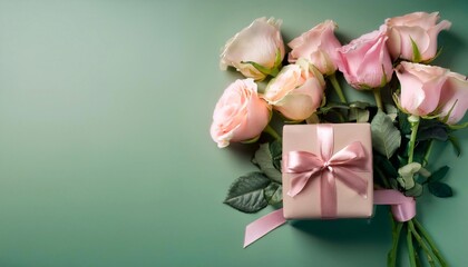 Fototapeta premium roses and gift box with bow with space for text - birthday card template, march 8, mother's day and february 14