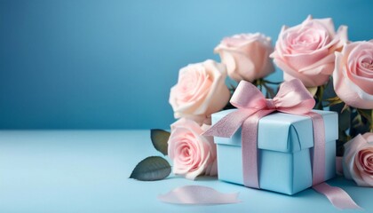 roses and gift box with bow with space for text - birthday card template, march 8, mother's day and february 14