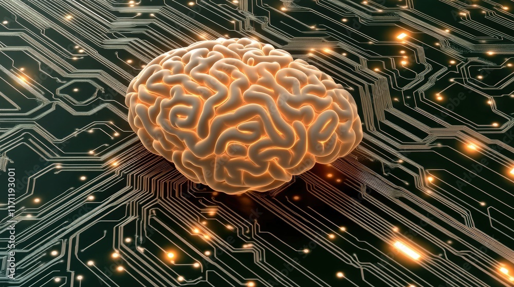 Poster a hyper-realistic digital brain illuminated by glowing lights on a circuit board, representing advan