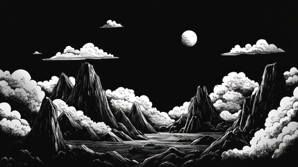 Majestic Mountains Enveloped In Clouds Under A Night Sky