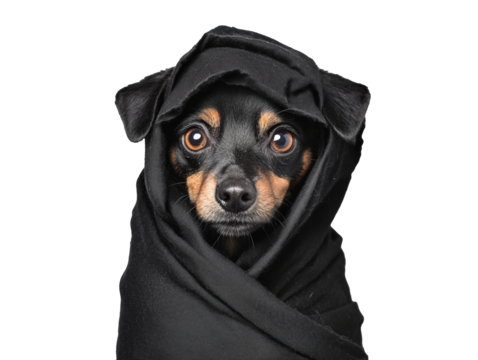 Curious calm dog wrapped in black cloth