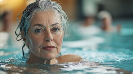Obraz premium Relaxing senior woman swimming in a pool wellness center portrait indoor calm vibes