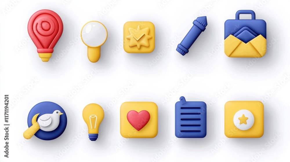 Poster colorful icon set with geometric shapes and symbolic elements for digital interface design