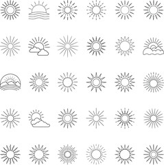 Collection of Sun Icons Sunrise, Sunset, Clouds, Rays, Outline