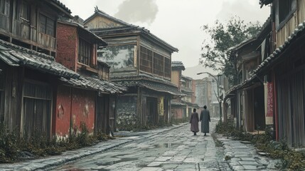 Obraz premium Two figures walking down a misty, aged, Asian alleyway lined with weathered wooden buildings.