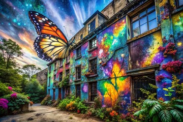 Fototapeta premium Urban Exploration Meets Cosmic Beauty: Butterfly Nebula Inspired Graffiti Art