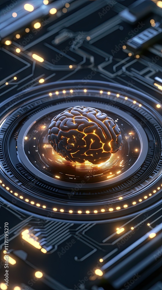 Poster a hyper-realistic digital brain illuminated by glowing lights on a circuit board, representing advan