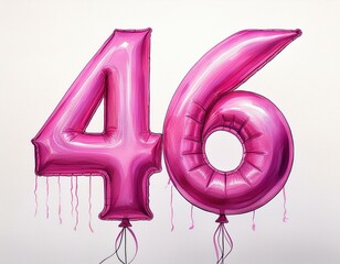 Pink birthday / anniversary balloon, number 46, watercolor painting with white background