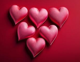 a collection of pink hearts beautifully arranged on a red background
