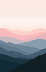 Fototapeta premium Serene Pink and Blue Mountain Landscape with Forest at Dawn