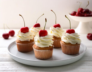 Plate with tasty cherry cupcakes on white wooden