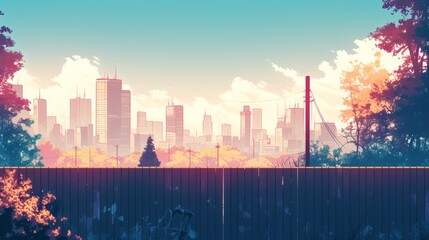 Obraz premium Wooden Fence Obscuring City Skyline at Sunset