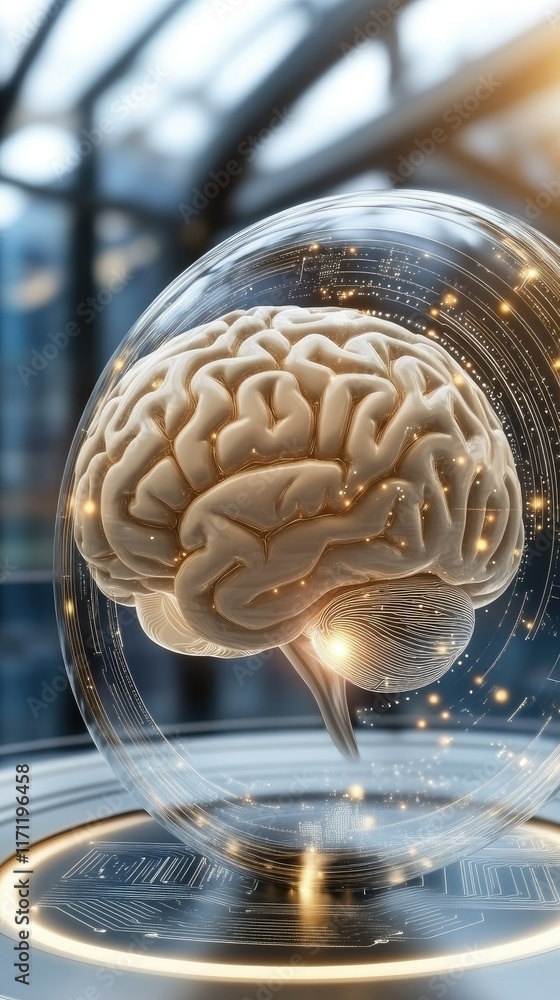 Poster a hyper-realistic digital brain illuminated by glowing lights on a circuit board, representing advan