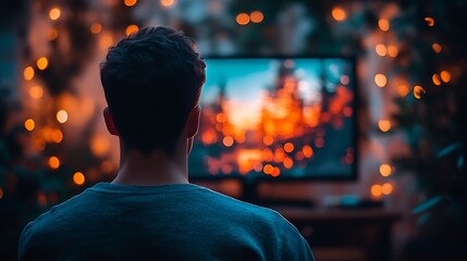Obraz premium Man Watching Television Screen Illuminated By Warm Lights