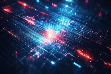 Fototapeta premium Abstract Digital Background with Glowing Lines and Particles, Futuristic Technology Concept, High-Tech Visuals, Data Flow, Blue and Red Light Patterns