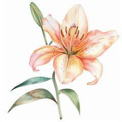 Naklejka premium Elegant Watercolor Illustration of a Pink Lily Flower with Green Leaves