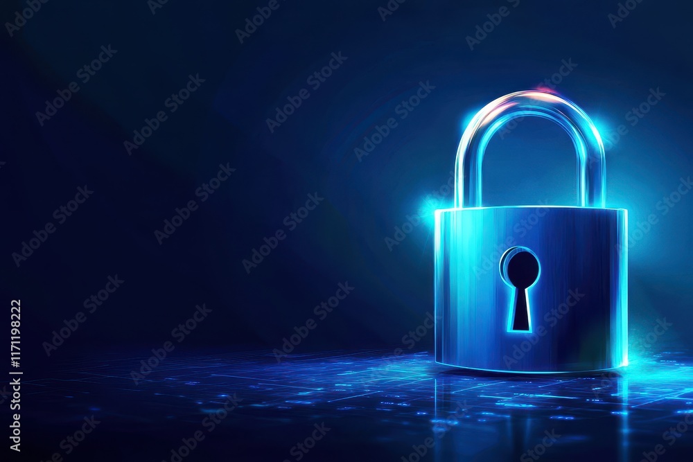 Poster digital lock concept with glowing effects and futuristic background for security technology and data