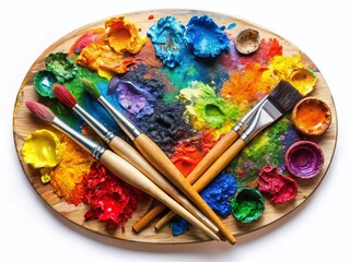 Obraz premium Vibrant Artist's Palette with Paint and Brushes - Stock Photo