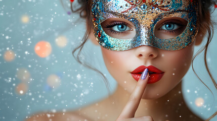 Whimsical Carnival Lady in Stylish Mask with Finger on Lips for Cheerful New Year Party Invitations