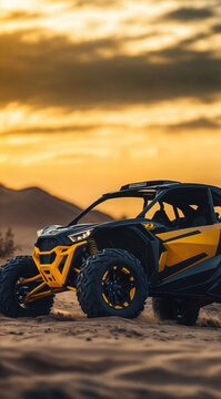 Yellow and black can-am maverick x3 dune buggy driving on sand dunes at sunset