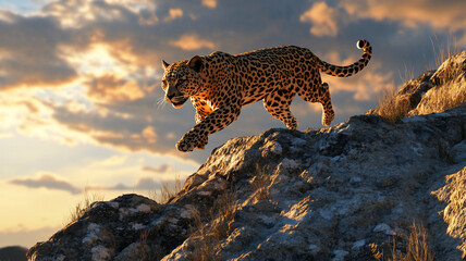 running leopard during sunrise in a mountain with a low Angle 