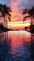 Vivid sunset reflected in infinity pool.