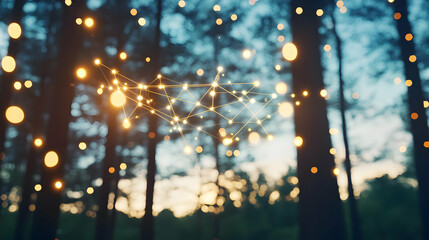 Magical forest network; glowing connections at sunset; nature technology concept; website banner