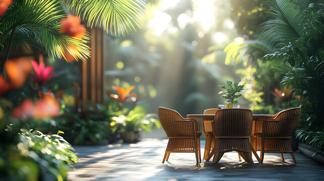 Eco-Friendly Bamboo Furniture Concept: A Tranquil Dining Set in a Harmonious Outdoor Garden Setting