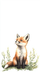 Obraz premium cute baby fox sitting among green plants, showcasing its playful nature