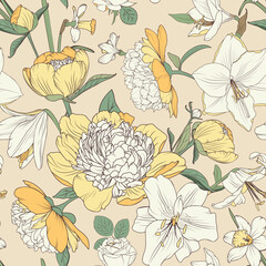 WebElegant Vintage Floral Pattern with Yellow and White Flowers on Beige Background. Peony, lily, amarylis, daffodil, rose garden for your design.