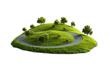 Countryside road bend surrounded by lush green fields and trees on a clear white background for serene landscapes