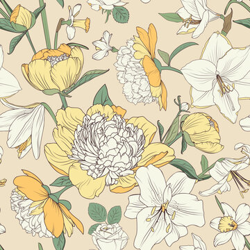 WebElegant Vintage Floral Pattern with Yellow and White Flowers on Beige Background. Peony, lily, amarylis, daffodil, rose garden for your design.