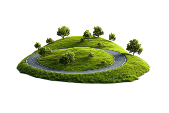 Countryside road bend surrounded by lush green fields and trees on a clear white background for serene landscapes