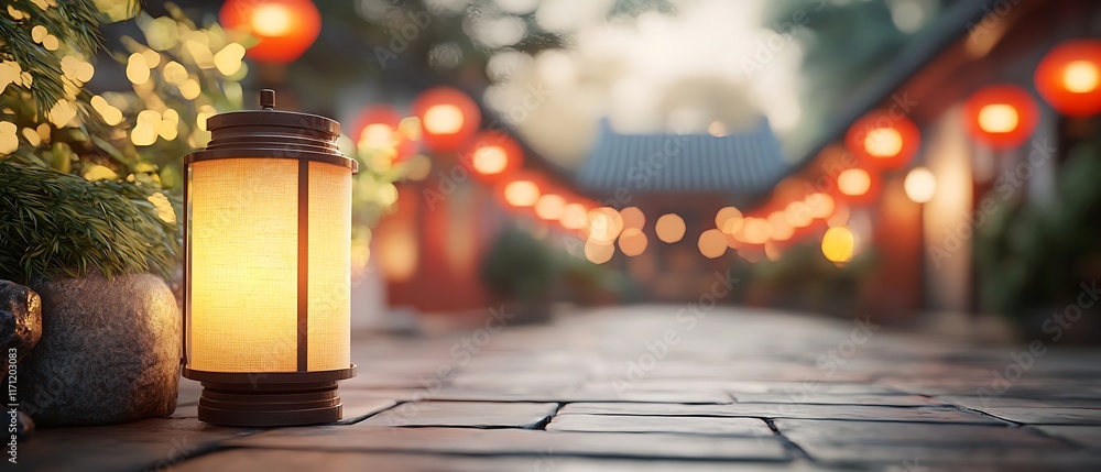 Poster softly illuminated narrow alleyway with hanging lanterns and string lights creating a warm cozy and 