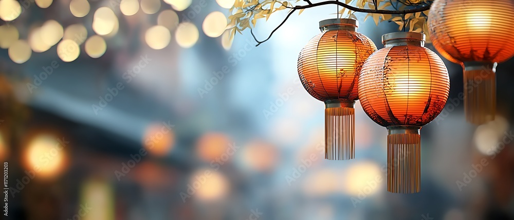 Poster softly illuminated lanterns hanging in a narrow alley creating a warm festive and atmospheric scene 