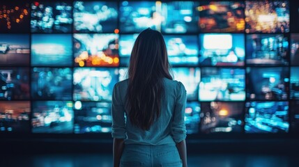 In a dimly lit room, a contemplative woman gazes at a collection of digital displays, representing a fusion of technology, art, and the search for meaning in a complex world.