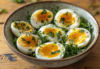 A Delicious Bowl of Soft Boiled Eggs Garnished with Fresh Herbs and Spices Served on a Rustic Wooden Table for Culinary Inspiration